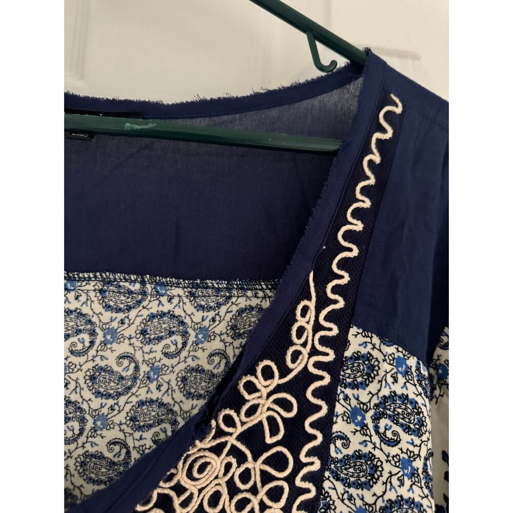 EN CREME Blue White Paisley Embroidered Boho Tunic Mini Dress Tassel Women's 1X - Picture 11 of 12